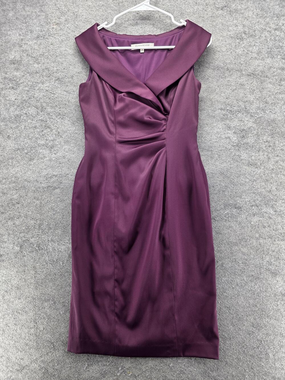 Evan Picone Dress Womens 4 Purple Satin Ruched Sheath Sleeveless Knee Length
